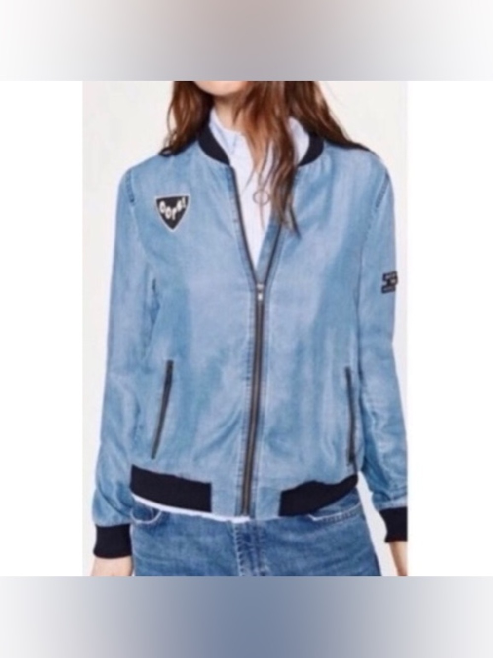 Zara Blue Bomber Jacket with Rib Trim size xs